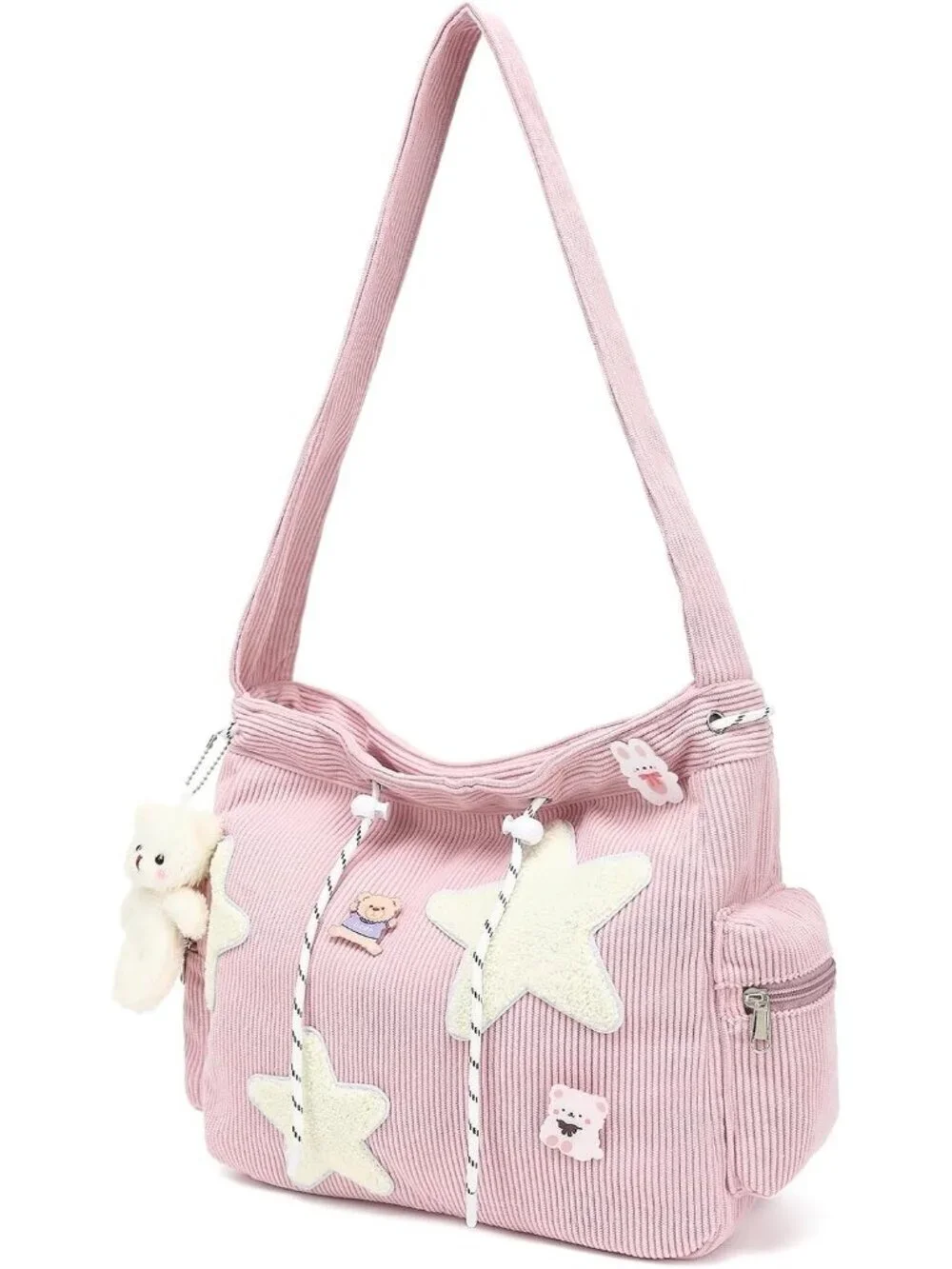 Women's Pink Zipper Kawaii Corduroy Star Crossbody Shoulder Purse
